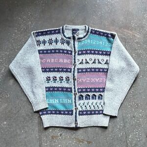 Vintage Woolrich Cardigan Sweater Women's M Nordic ABC Print Buttons Gray
